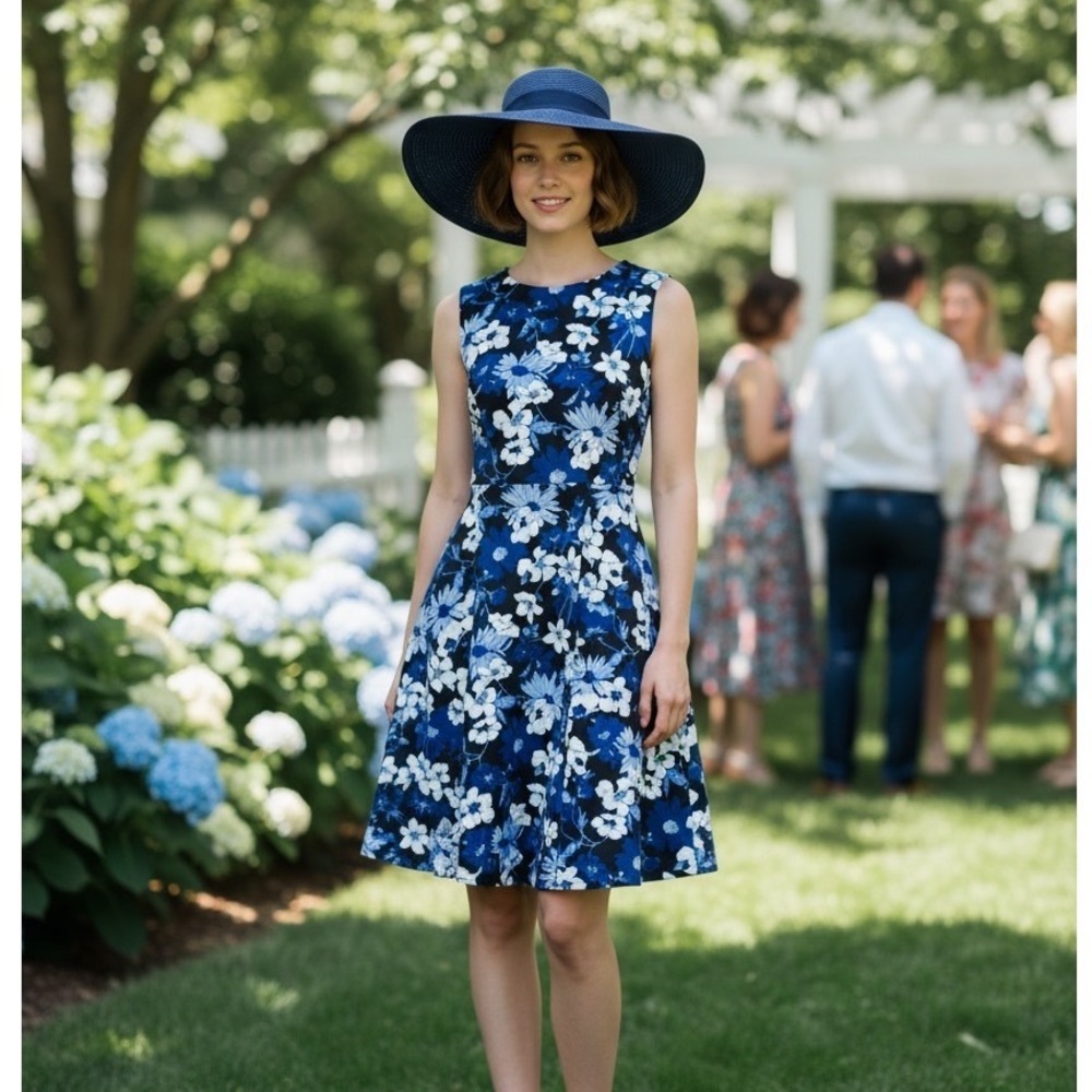 Talbots Fit & Flare Black Blue Floral Knee Length Sleeveless Dress Size 6